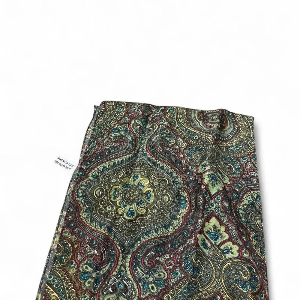 100% silk paisley scarf with green, red, and gold colors